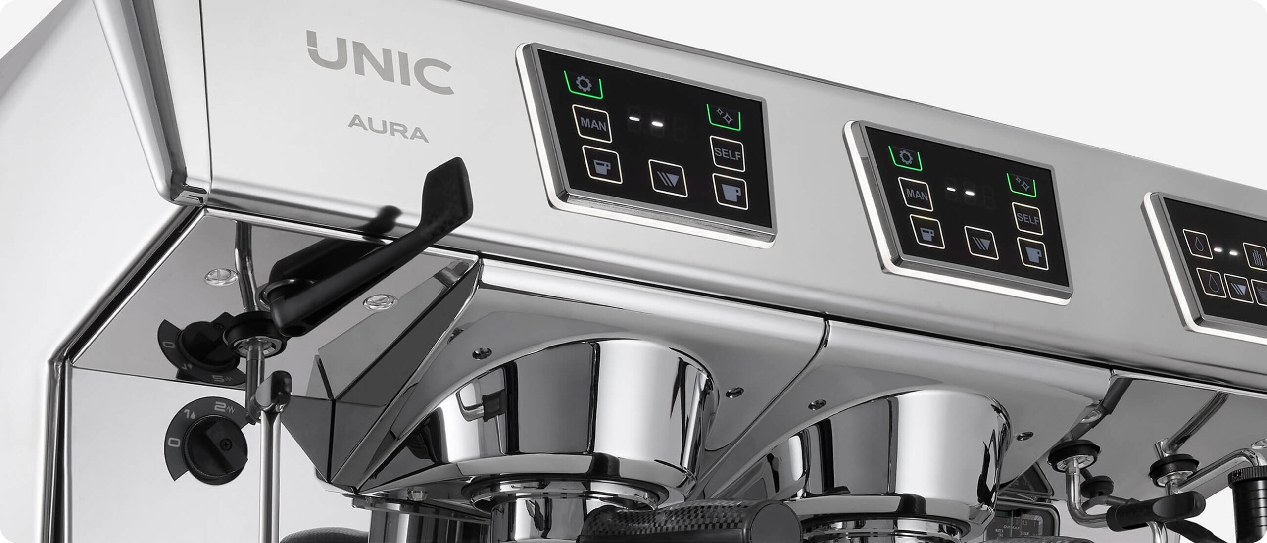 UNIC_Espresso_Machine_AURA_2Group_Dosamat_Screen_detail_Low_Angle